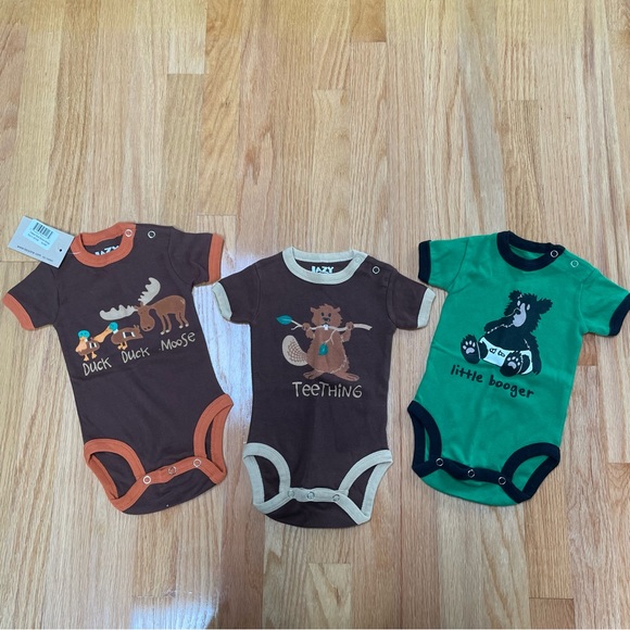 Lazy One bodysuits bundle moose/beaver/bear style brown & green. Size 6 months. - Picture 1 of 11